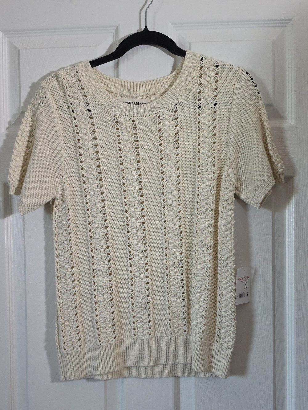 Lucky Brand Cream Open-Knit Crewneck Short Sleeve Sweater